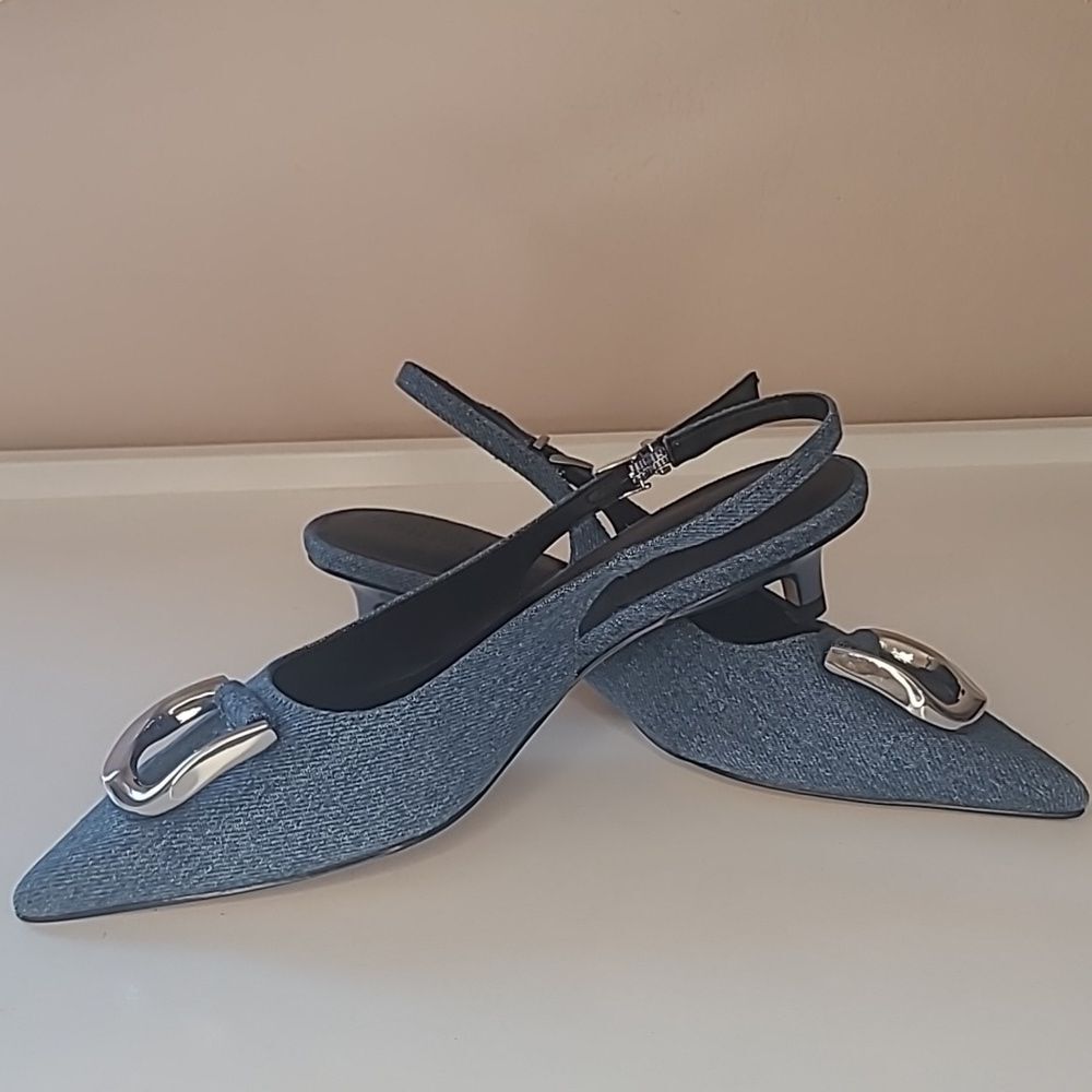 Charles & Keith Gabine Slingback Blue Denim Kitten Heel Silver Decor EU 36